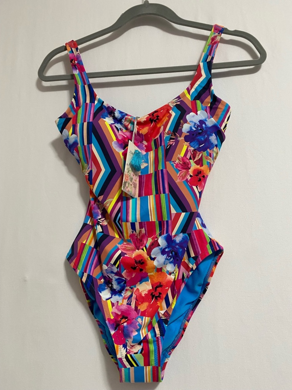 Johnny Was Multicolor Floral & Stripe One-Piece Swimsuit
